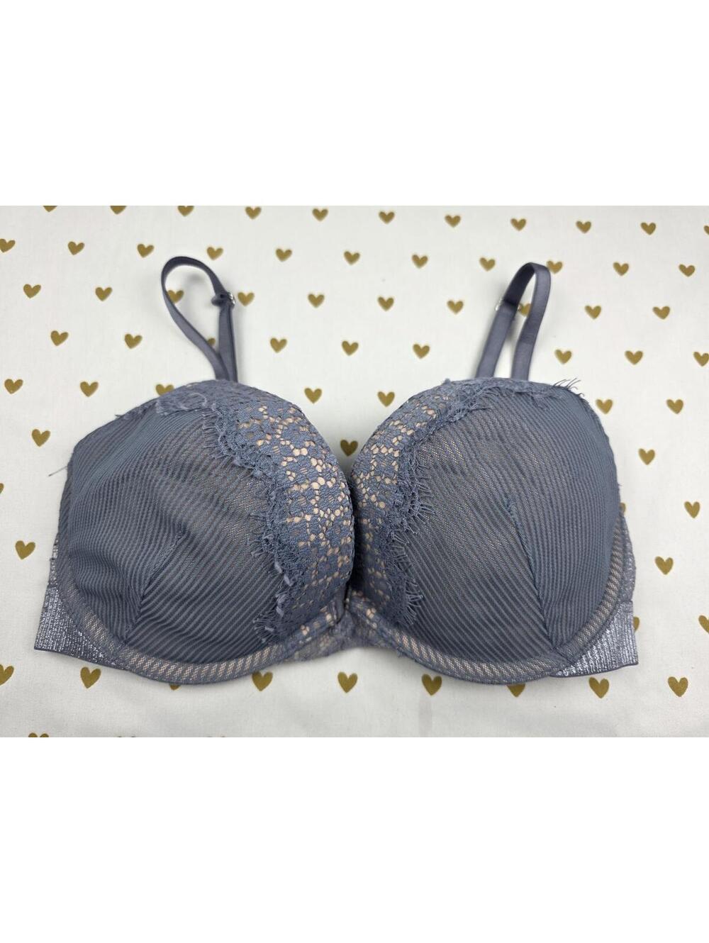 Victorias Secret BOMBSHELL add 2 sizes Plunge Bra 32D Lace Accent GREY Sexy